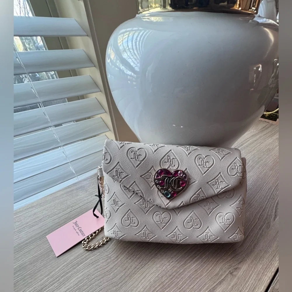 Juicy Couture Cream Embossed Wristlet Clutch with Heart Accent